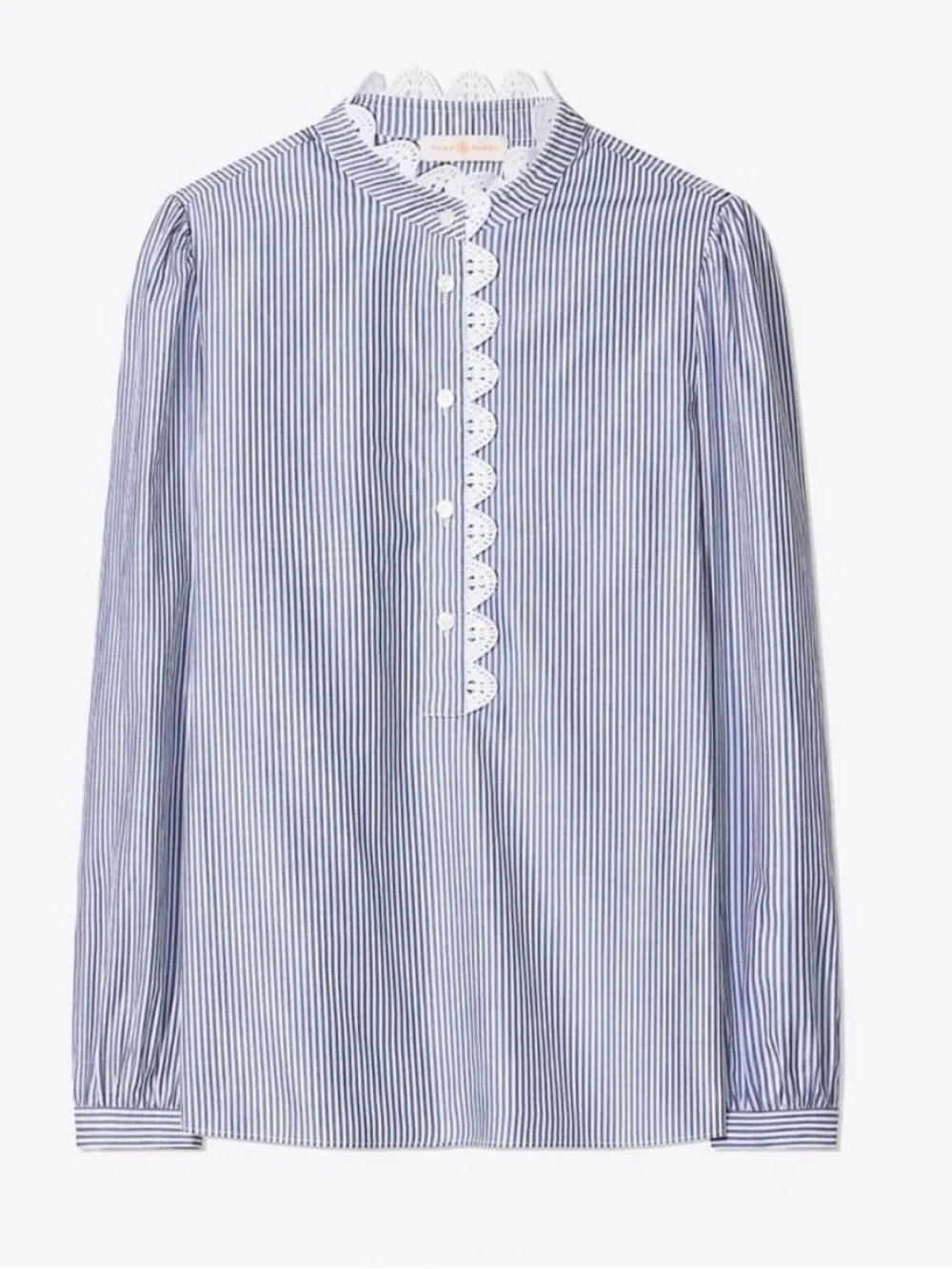 Tory Burch Blue White Stripe Cotton Lace Shirt Size 12